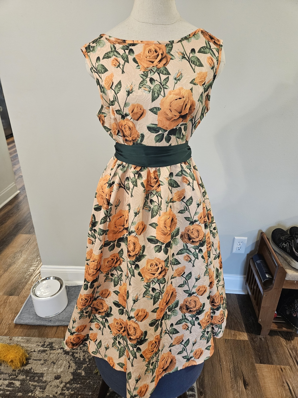 SHEIN Peach Rose Floral Midi Dress with Green Waistband